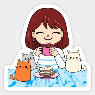 Coffee time with cats, cartoon drawing Sticker